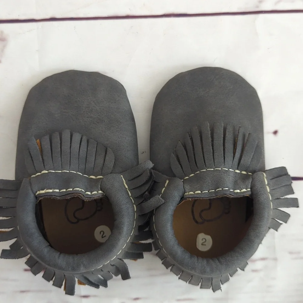 First Steps baby toddler shoes moccasins, two pairs gray & brown, size 2